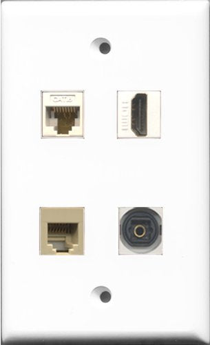 RiteAV 1 Port HDMI and 1 Port Phone RJ11 RJ12 Beige and 1 Port Toslink and 1 Port Cat6 Ethernet White Wall Plate