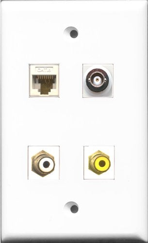 RiteAV 1 Port RCA White and 1 Port RCA Yellow and 1 Port BNC and 1 Port Cat6 Ethernet White Wall Plate