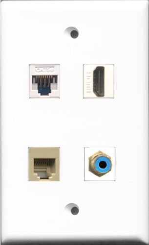 RiteAV - 1 Port HDMI and 1 Port RCA Blue and 1 Port Phone RJ11 RJ12 Beige and 1 Port Cat5e Ethernet White Wall Plate