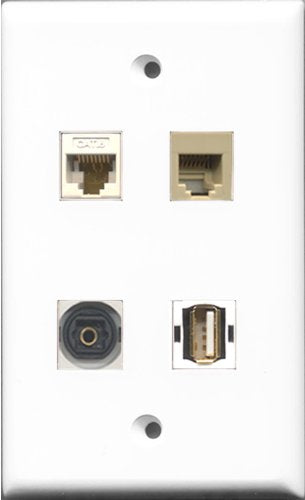RiteAV 1 Port USB A-A and 1 Port Phone RJ11 RJ12 Beige and 1 Port Toslink and 1 Port Cat6 Ethernet White Wall Plate