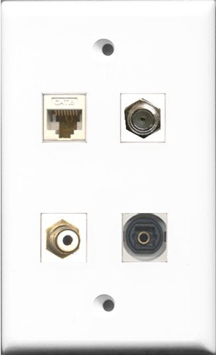RiteAV 1 Port RCA White and 1 Port Coax Cable TV- F-Type and 1 Port Toslink and 1 Port Cat6 Ethernet White Wall Plate