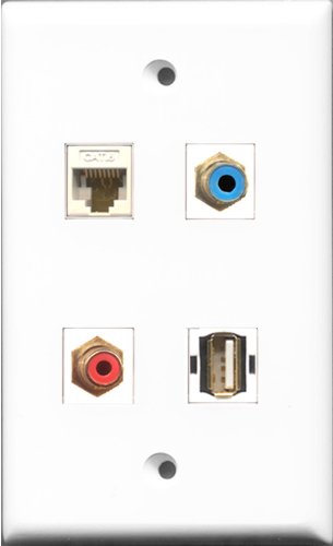 RiteAV 1 Port RCA Red and 1 Port RCA Blue and 1 Port USB A-A and 1 Port Cat6 Ethernet White Wall Plate