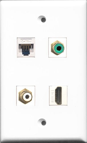 RiteAV 1 Port HDMI and 1 Port RCA White and 1 Port RCA Green and 1 Port Cat5e Ethernet White Wall Plate