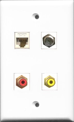 RiteAV 1 Port RCA Red and 1 Port RCA Yellow and 1 Port Coax Cable TV- F-Type and 1 Port Cat6 Ethernet White Wall Plate