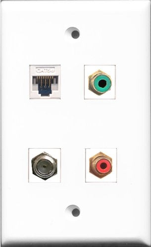 RiteAV 1 Port RCA Red and 1 Port RCA Green and 1 Port Coax Cable TV- F-Type and 1 Port Cat5e Ethernet White Wall Plate