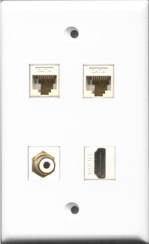 RiteAV 1 Port HDMI and 1 Port RCA White 2 Port Cat6 Ethernet White Wall Plate