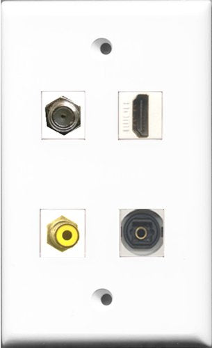 RiteAV 1 Port HDMI and 1 Port RCA Yellow and 1 Port Coax Cable TV- F-Type and 1 Port Toslink Wall Plate