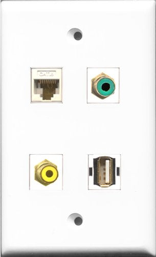 RiteAV 1 Port RCA Yellow and 1 Port RCA Green and 1 Port USB A-A and 1 Port Cat6 Ethernet White Wall Plate