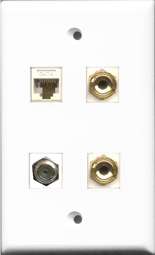 RiteAV 1 Port Coax Cable TV- F-Type and 1 Port Cat6 Ethernet White 2 Port Banana Speaker Wall Plate
