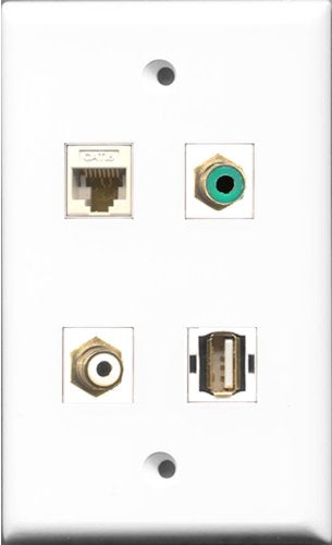 RiteAV 1 Port RCA White and 1 Port RCA Green and 1 Port USB A-A and 1 Port Cat6 Ethernet White Wall Plate