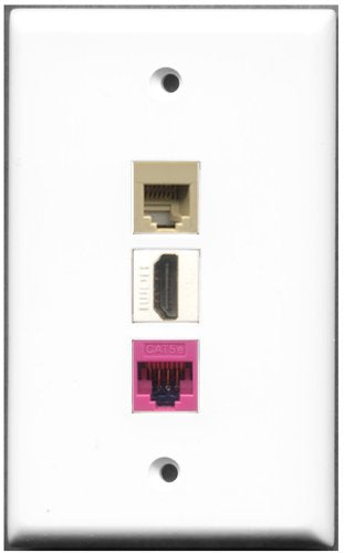 RiteAV - 1 Port HDMI 1 Phone RJ11 RJ12 Beige 1 Cat5e Ethernet Pink Wall Plate