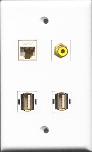 RiteAV 1 Port RCA Yellow 2 Port USB A-A and 1 Port Cat6 Ethernet White Wall Plate