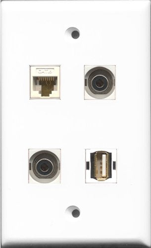 RiteAV 1 Port USB A-A 2 Port 3.5mm and 1 Port Cat6 Ethernet White Wall Plate