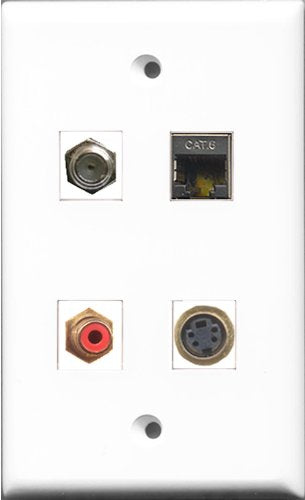 RiteAV 1 Port RCA Red and 1 Port Coax Cable TV- F-Type and 1 Port S-Video and 1 Port Shielded Cat6 Ethernet Wall Plate