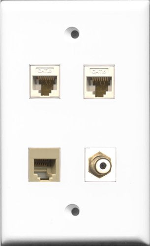 RiteAV 1 Port RCA White and 1 Port Phone RJ11 RJ12 Beige 2 Port Cat6 Ethernet White Wall Plate