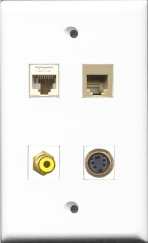 RiteAV 1 Port RCA Yellow and 1 Port Phone RJ11 RJ12 Beige and 1 Port S-Video and 1 Port Cat6 Ethernet White Wall Plate