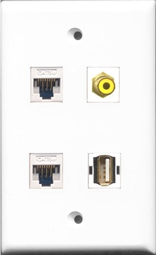 RiteAV 1 Port RCA Yellow and 1 Port USB A-A 2 Port Cat5e Ethernet White Wall Plate