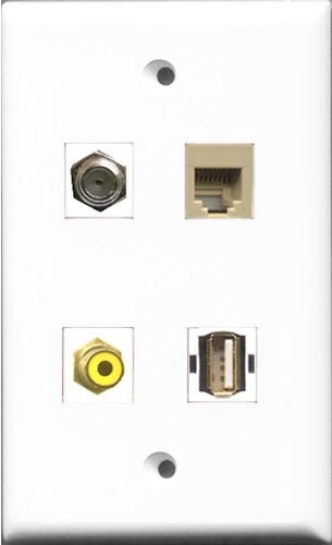 RiteAV 1 Port RCA Yellow and 1 Port Coax Cable TV- F-Type and 1 Port USB A-A and 1 Port Phone RJ11 RJ12 Beige Wall Plate