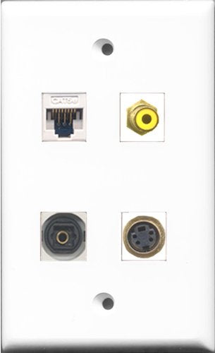 RiteAV 1 Port RCA Yellow and 1 Port S-Video and 1 Port Toslink and 1 Port Cat5e Ethernet White Wall Plate