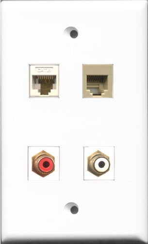 RiteAV 1 Port RCA Red and 1 Port RCA White and 1 Port Phone RJ11 RJ12 Beige and 1 Port Cat6 Ethernet White Wall Plate