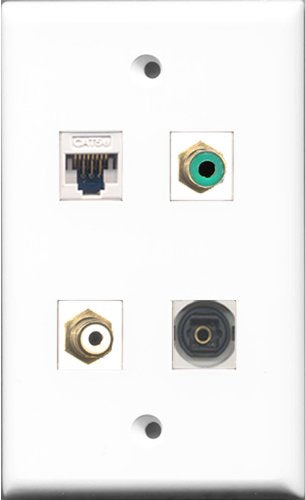 RiteAV 1 Port RCA White and 1 Port RCA Green and 1 Port Toslink and 1 Port Cat5e Ethernet White Wall Plate