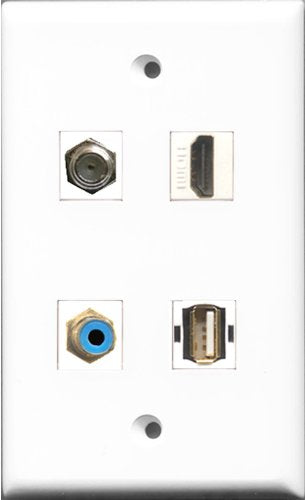 RiteAV 1 Port HDMI and 1 Port RCA Blue and 1 Port Coax Cable TV- F-Type and 1 Port USB A-A Wall Plate