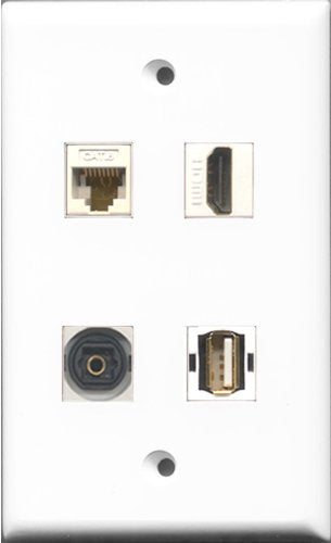 RiteAV 1 Port HDMI and 1 Port USB A-A and 1 Port Toslink and 1 Port Cat6 Ethernet White Wall Plate