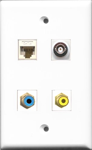 RiteAV 1 Port RCA Yellow and 1 Port RCA Blue and 1 Port BNC and 1 Port Cat6 Ethernet White Wall Plate