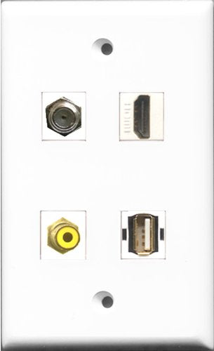 RiteAV 1 Port HDMI and 1 Port RCA Yellow and 1 Port Coax Cable TV- F-Type and 1 Port USB A-A Wall Plate
