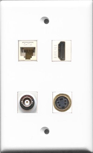 RiteAV 1 Port HDMI and 1 Port S-Video and 1 Port BNC and 1 Port Cat6 Ethernet White Wall Plate