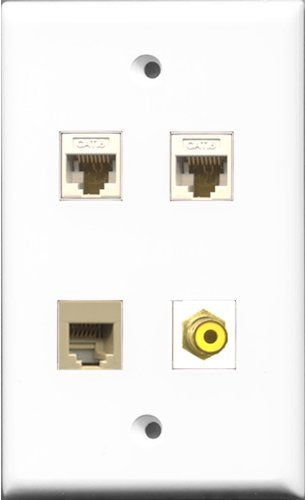 RiteAV 1 Port RCA Yellow and 1 Port Phone RJ11 RJ12 Beige 2 Port Cat6 Ethernet White Wall Plate