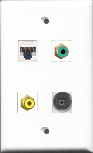 RiteAV 1 Port RCA Yellow and 1 Port RCA Green and 1 Port Toslink and 1 Port Cat5e Ethernet White Wall Plate