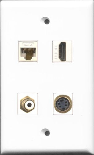 RiteAV 1 Port HDMI and 1 Port RCA White and 1 Port S-Video and 1 Port Cat6 Ethernet White Wall Plate