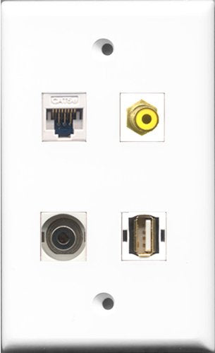 RiteAV 1 Port RCA Yellow and 1 Port USB A-A and 1 Port 3.5mm and 1 Port Cat5e Ethernet White Wall Plate