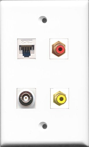 RiteAV 1 Port RCA Red and 1 Port RCA Yellow and 1 Port BNC and 1 Port Cat5e Ethernet White Wall Plate