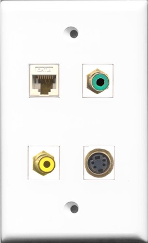 RiteAV 1 Port RCA Yellow and 1 Port RCA Green and 1 Port S-Video and 1 Port Cat6 Ethernet White Wall Plate