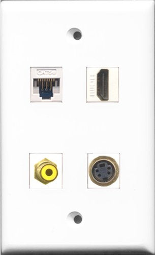 RiteAV - 1 Port HDMI and 1 Port RCA Yellow and 1 Port S-Video and 1 Port Cat5e Ethernet White Wall Plate