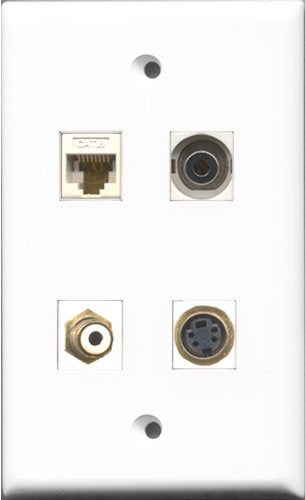 RiteAV 1 Port RCA White and 1 Port S-Video and 1 Port 3.5mm and 1 Port Cat6 Ethernet White Wall Plate