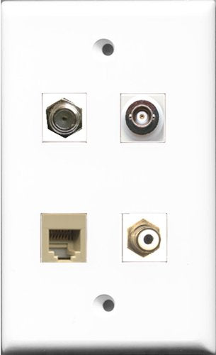 RiteAV 1 Port RCA White and 1 Port Coax Cable TV- F-Type and 1 Port Phone RJ11 RJ12 Beige and 1 Port BNC Wall Plate