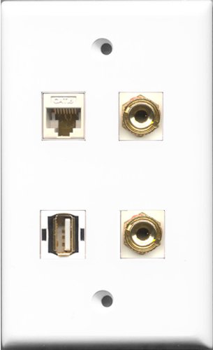 RiteAV 1 Port USB A-A and 1 Port Cat6 Ethernet White 2 Port Banana Speaker Wall Plate