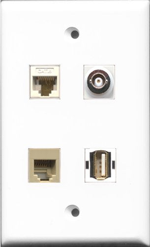 RiteAV 1 Port USB A-A and 1 Port Phone RJ11 RJ12 Beige and 1 Port BNC and 1 Port Cat6 Ethernet White Wall Plate