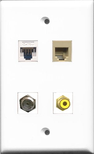 RiteAV 1 Port RCA Yellow and 1 Port Coax Cable TV- F-Type and 1 Port Phone RJ11 RJ12 Beige and 1 Port Cat5e Ethernet White Wall Plate