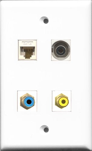 RiteAV 1 Port RCA Yellow and 1 Port RCA Blue and 1 Port 3.5mm and 1 Port Cat6 Ethernet White Wall Plate