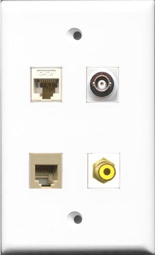 RiteAV 1 Port RCA Yellow and 1 Port Phone RJ11 RJ12 Beige and 1 Port BNC and 1 Port Cat6 Ethernet White Wall Plate