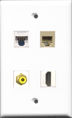 RiteAV 1 Port HDMI and 1 Port RCA Yellow and 1 Port Phone RJ11 RJ12 Beige and 1 Port Cat5e Ethernet White Wall Plate