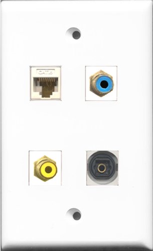 RiteAV 1 Port RCA Yellow and 1 Port RCA Blue and 1 Port Toslink and 1 Port Cat6 Ethernet White Wall Plate