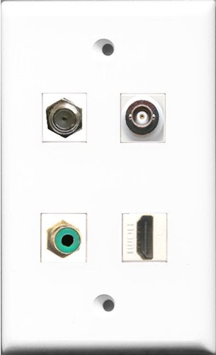 RiteAV 1 Port HDMI and 1 Port RCA Green and 1 Port Coax Cable TV- F-Type and 1 Port BNC Wall Plate