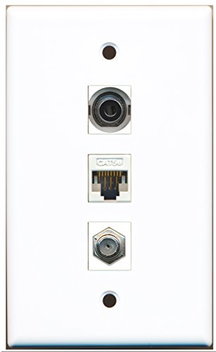 RiteAV - 1 Port Coax Cable TV- F-Type 1 3.5mm 1 Cat5e Ethernet White Wall Plate