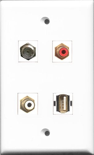 RiteAV 1 Port RCA Red and 1 Port RCA White and 1 Port Coax Cable TV- F-Type and 1 Port USB A-A Wall Plate