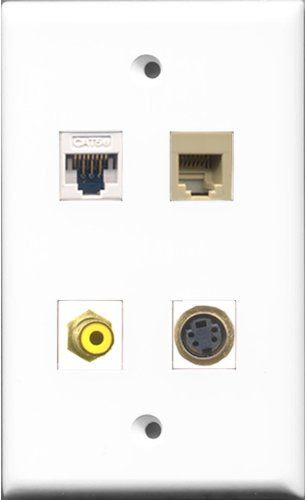 RiteAV 1 Port RCA Yellow and 1 Port Phone RJ11 RJ12 Beige and 1 Port S-Video and 1 Port Cat5e Ethernet White Wall Plate